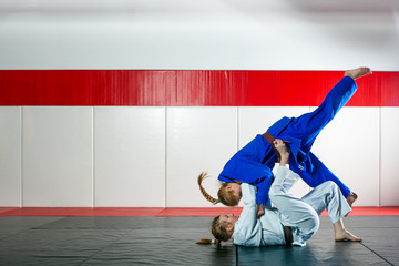 Two women fight judo on tatami - obrazy, fototapety, plakaty