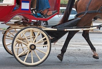 Horse-drawn carriage running in the old town.