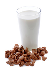 glass of milk and cereals  on white background