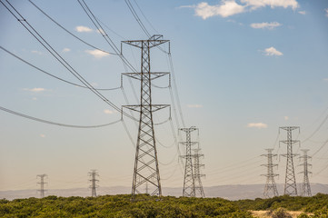 Electricity supply towers and structures transmit power along high voltage wires and cables