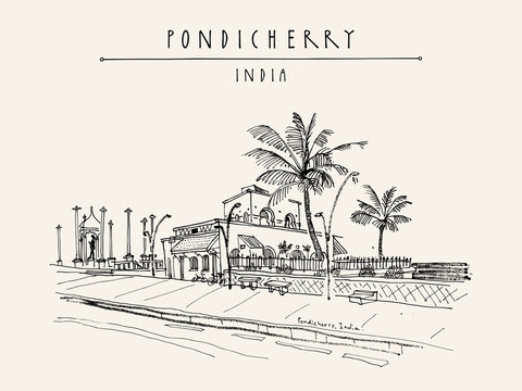 Pondicherry, India. Artistic drawing on paper. Travel sketch. Vintage hand drawn postcard