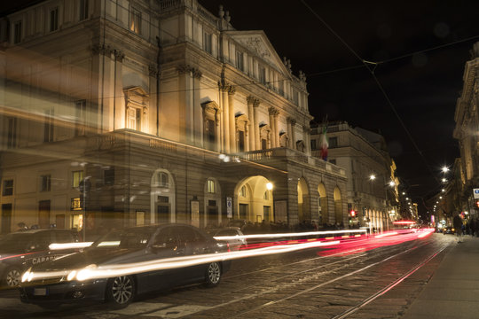 La Scala opera house (Teatro alla Scala), the most famous Italian theatre in Milan, at night