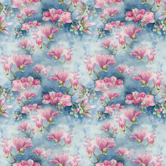 Magnolia. Watercolor. Seamless pattern. Branches are flowering.Wallpaper. Use printed materials, signs, posters, postcards, packaging.