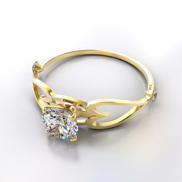 3D Gold diamond Ring placed on white background.