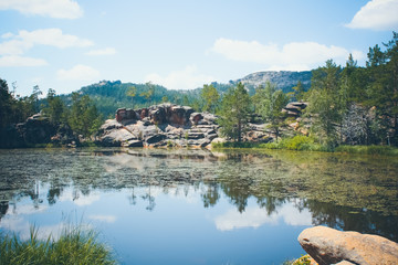 Mountain lake in the background of mountains and sky