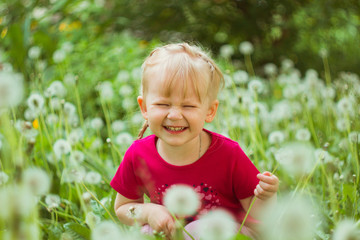 Cute little girl smiling with dandelions