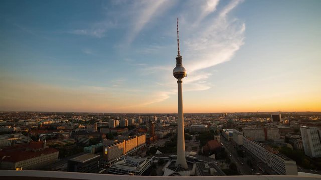  TV Tower on Alexanderplatz (Alex) with passing clouds on sunset, time-lapse sequence, Full HD 