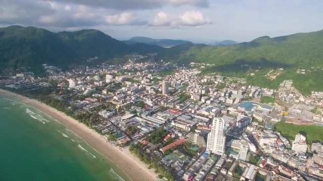 High Aerial Drone Shot Over Patong Town and Hills in Phuket Thailand
