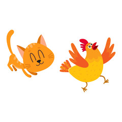 Funny red cat, kitten character chasing, playing with cackling chicken running away, cartoon vector illustration isolated on white background. Funny red cat, kitten character playing with chicken