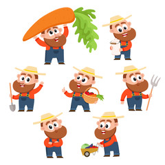 Funny farmer, gardener character in different poses working in the garden, harvesting, happy, cartoon vector illustration isolated on white background. Set of comic farmer characters, design elements