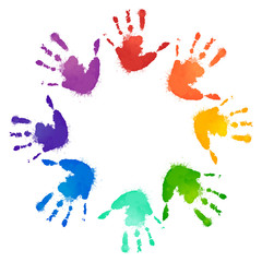 Rainbow prints of children hands in the circle. Vector frame for postcards and your design