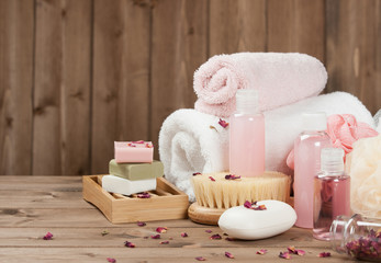 Soap Bars, Towels, Wisps. Body Care Kit. Dried Rose Petals.