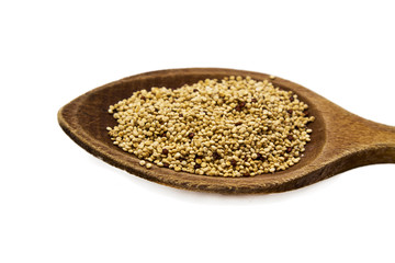 Wooden spoon with quinoa isolated