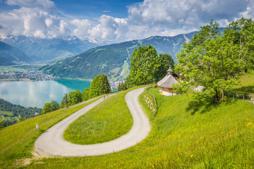 Winding mountain road in the Alps in Zell am See, Austria
