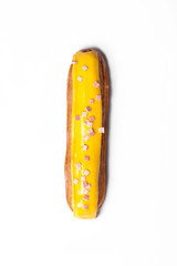 Group of french dessert Eclair on white background.