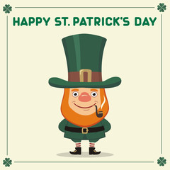 Happy Saint Patrick's Day! Funny leprechaun with smocking pipe. National Irish holiday.