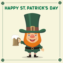Happy Saint Patrick's Day! Funny leprechaun with beer mug. National Irish holiday.