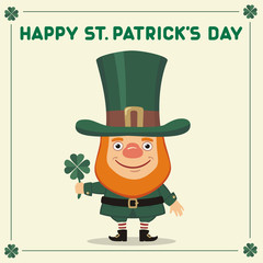 Happy Saint Patrick's Day! Funny leprechaun with trefoil. National Irish holiday.