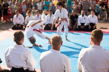 Two athletes perform karate moves