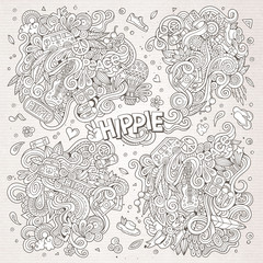 Line art set of doodle hippie designs