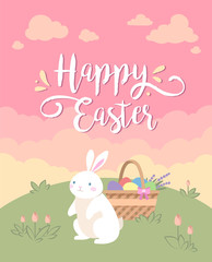 Happy Easter greeting card with the white rabbit and the basket of eggs on the lawn on the background pink sky and yellow clouds.