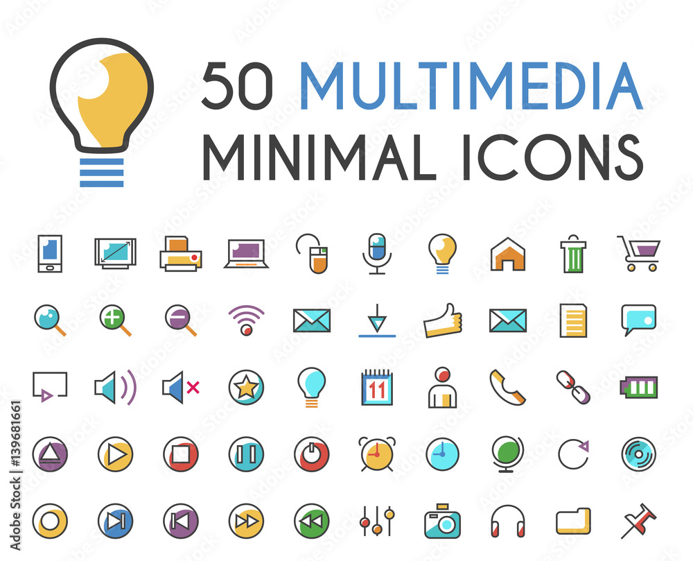 Poster set of 50 minimalistic solid line coloured multimedia icons . isolated vector elements