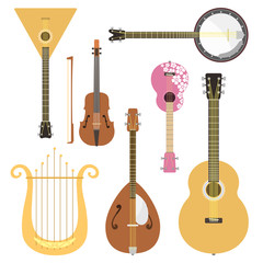 Naklejka premium Set of stringed musical instruments classical orchestra art sound tool and acoustic symphony stringed fiddle wooden equipment vector illustration