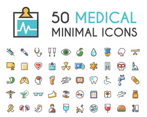 Set of 50 Minimalistic Solid Line Coloured Medical Icons . Isolated Vector Elements