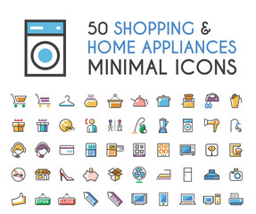 Set of 50 Minimalistic Solid Line Coloured Shopping and Home Appliances Icons . Isolated Vector Elements