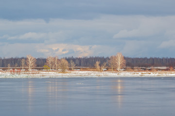 Несколько деревьев на берегу реки Волга весной