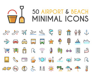 Set of 50 Minimalistic Solid Line Coloured Airport and Beach Icons . Isolated Vector Elements