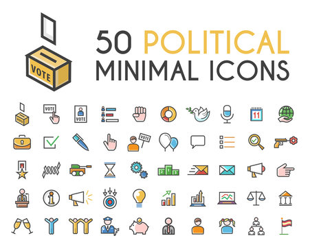 Set of 50 Minimalistic Solid Line Coloured Political Icons . Isolated Vector Elements