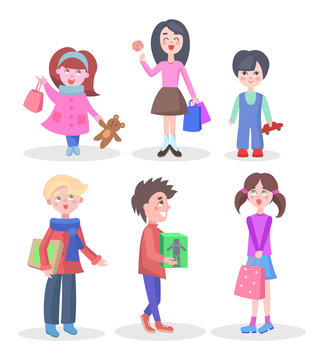 Shopping Children Flat Vector Characters Set