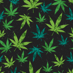 rastafarian seamless pattern, green cannabis leaves with grunge texture on black background, vector