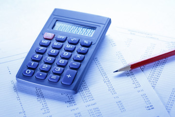 Operating budget, calculator and pencil
