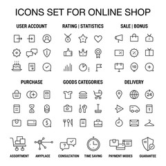 Icons set for online shop. Thin lines. Black on white.