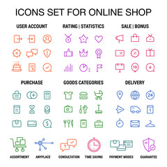 Icons set for online shop. Thin lines. Colored on white.