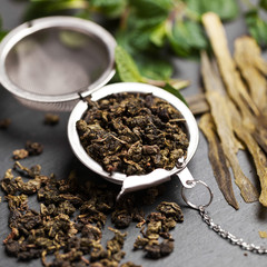 Assortment of dry tea. Tea composition with different kind of tea. Tea concept