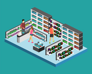 Isometric flat 3D isolated vector cutaway interior Sports supplements shop.