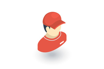 Delivery man in red uniform, courier isometric flat icon. 3d vector colorful illustration. Pictogram isolated on white background