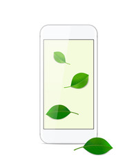White modern smartphone on a white background with a Wallpaper with green leaves