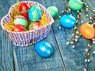 Easter Pussy-willow and Easter egg on authentic background. Happy Easter card