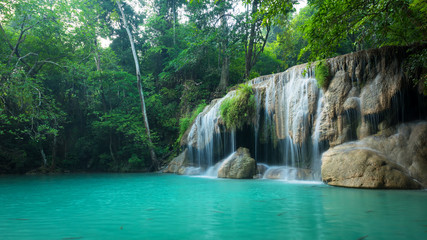 Green nature with green waterfall landscape, Erawan waterfall located Khanchanaburi Province, Thailand