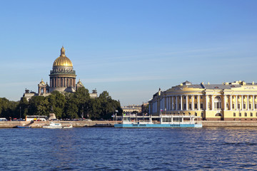Fototapeta na wymiar View of St. Isaac's Cathedral and the river Neva in St Petersburg, Russian Federation