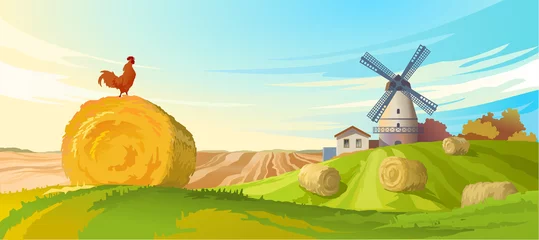 Schilderijen op glas  illustration rural summer landscape © vectorpocket