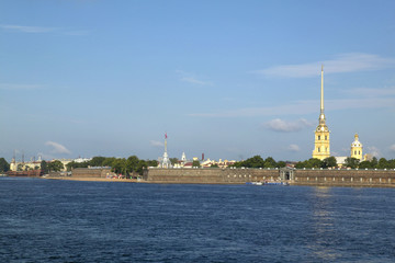 View of the Peter and Paul Cathedral in the fortress on the Neva River in St. Petersburg, Russian Federation