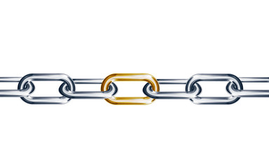 Obraz premium Chains are connected by golden link on a white background, connected group concept image, leadership concept, teamwork concept 3D design
