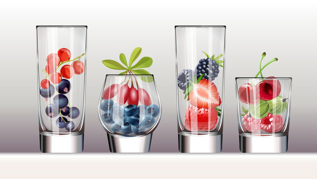 Set of icons glasses with a variety fresh berries