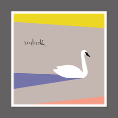 White swan on pastel color block background. Scandinavian style vector poster