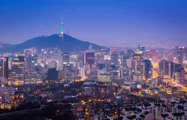 Seoul City Skyline and N Seoul Tower in Seoul in Misty day, South Korea.